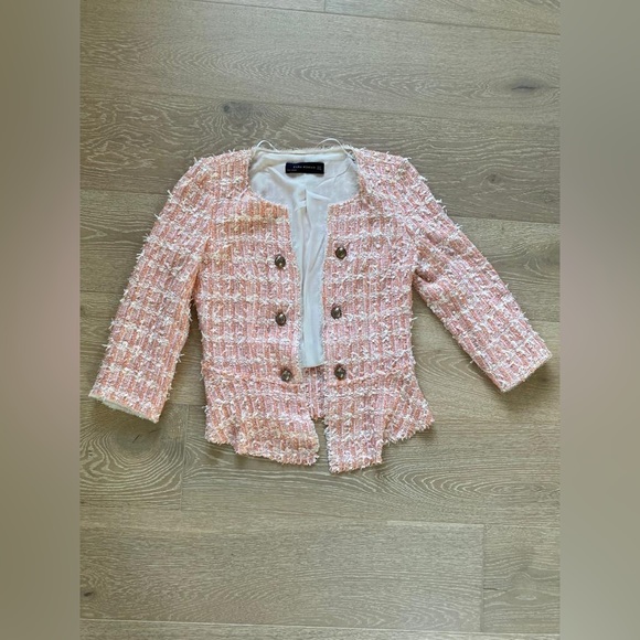 Zara Jackets & Blazers - Zara Pink Orange Boucle Tweed Blazer Jacket